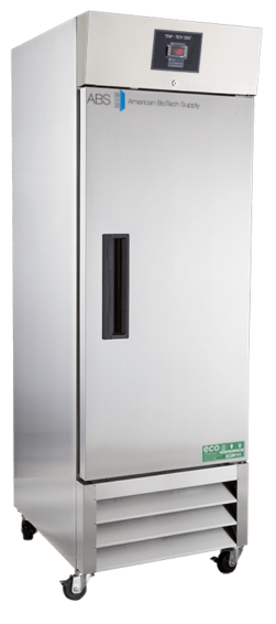 A tall, stainless steel laboratory freezer with a single door, a vertical handle, and a digital control panel on top. The front displays the American Biotech Supply logo. The freezer has ventilation grilles at the bottom and sits on four caster wheels.