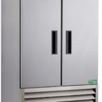 Large, stainless steel, double-door laboratory refrigerator on wheels. It features a digital control panel at the top center and vents at the bottom. The American Biotech Supply logo and a green Eco Elite sticker are visible on the upper and lower areas, respectively.