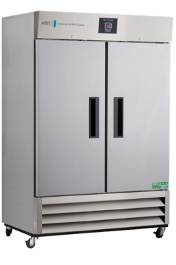 Large, stainless steel, double-door laboratory refrigerator on wheels. It features a digital control panel at the top center and vents at the bottom. The American Biotech Supply logo and a green Eco Elite sticker are visible on the upper and lower areas, respectively.