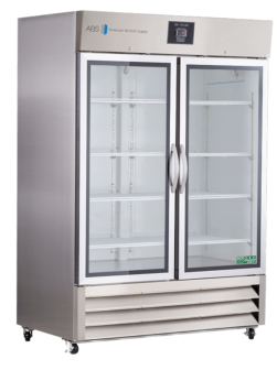 A large stainless steel double-door laboratory refrigerator with glass doors, multiple adjustable interior shelves, two vertical handles, control panel on top, ventilation grilles at the bottom, and casters for mobility. The brand logo appears on the top left.