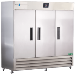 A large, stainless steel, three-door commercial refrigerator with vertical handles, control panel on top, ventilation grilles at the bottom, and wheels for mobility. The brand “American Biotech Supply” logo and eco-friendly sticker are visible.