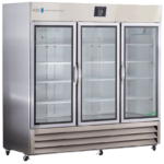 A large, stainless steel commercial refrigerator with three glass doors, each revealing empty adjustable shelves inside. The unit stands on wheels and has a digital display at the top. The brand American BioTech Supply is visible on the upper left.