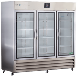 A large, stainless steel commercial refrigerator with three glass doors, each revealing empty adjustable shelves inside. The unit stands on wheels and has a digital display at the top. The brand American BioTech Supply is visible on the upper left.