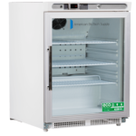 A white laboratory refrigerator with a glass front door, three metal shelves, a digital temperature display, and ventilation grilles at the bottom. The door features American BioTech Supply branding and eco-friendly stickers in the lower right corner.