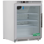 A white laboratory refrigerator by American BioTech Supply with a glass door, digital display, temperature control panel, and three empty wire shelves. An “Eco Friendly” green label is visible inside the fridge on the lower right shelf.