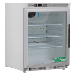 A white laboratory refrigerator by American BioTech Supply with a glass door, digital display, temperature control panel, and three empty wire shelves. An “Eco Friendly” green label is visible inside the fridge on the lower right shelf.