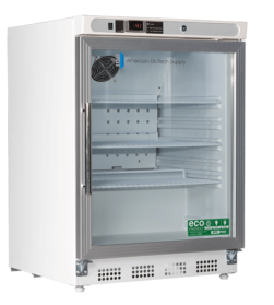A white laboratory refrigerator with a glass front door, three adjustable shelves, and a digital temperature display. The brand American BioTech Supply is visible, as well as an eco-friendly sticker on the bottom shelf inside the fridge.