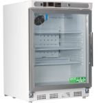 A small, white medical refrigerator with a glass front door, silver handle, digital temperature display, and three adjustable shelves. The unit has “American BioTech Supply” branding and eco-friendly labels on the bottom right corner of the door.
