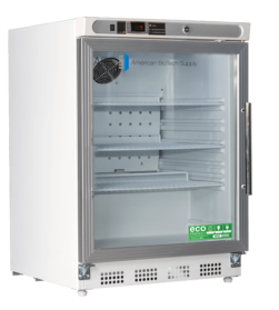 A small, white medical refrigerator with a glass front door, silver handle, digital temperature display, and three adjustable shelves. The unit has “American BioTech Supply” branding and eco-friendly labels on the bottom right corner of the door.