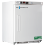 A white upright laboratory freezer by American BioTech Supply with a digital temperature display showing -20°C. The door features eco-friendly and energy guide labels, a vertical handle, and ABS branding on the upper left. The surface is clean and minimal.