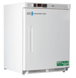 A white upright laboratory freezer by American BioTech Supply with a digital temperature display showing -20°C. The door features eco-friendly and energy guide labels, a vertical handle, and ABS branding on the upper left. The surface is clean and minimal.