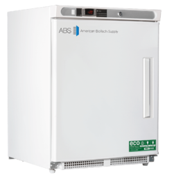 A white upright laboratory freezer with a digital temperature display on top showing -20°C, labeled “ABS American BioTech Supply.” It has a vertical handle on the right and “eco-friendly” and energy stickers at the bottom right corner. The background is plain white.