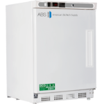 A white laboratory freezer with a digital display at the top showing -20°C, labeled “ABS American BioTech Supply.” It has a solid door with a side handle and an “Eco Friendly” sticker near the base, along with ventilation grilles at the bottom.