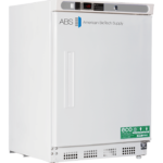A white upright laboratory freezer with a single door, digital temperature display, and ABS American BioTech Supply branding. Eco-friendly and NSF/ETL certified labels are visible on the bottom right front panel.