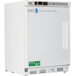 A white upright medical freezer by American BioTech Supply, labeled “ABS,” featuring a digital temperature display showing -20°C, a solid door with a vertical handle, ventilation grilles at the base, and an “Eco Friendly” sticker near the bottom.
