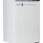 A white, upright Premier Undercounter Refrigerator from American BioTech Supply ABS features a digital temperature display and control panel on the upper front. The ABS logo and American BioTech Supply text are printed on the door.