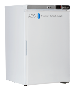 A white, upright Premier Undercounter Refrigerator from American BioTech Supply ABS features a digital temperature display and control panel on the upper front. The ABS logo and American BioTech Supply text are printed on the door.