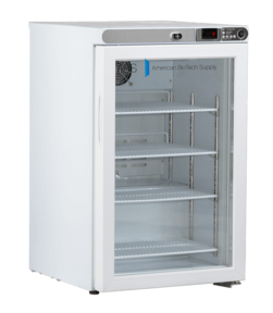 A laboratory grade refrigerator with a glass front door, four wire shelves, an interior fan, and a digital temperature display. The left-side handle and blue “American BioTech Supply” logo complete this professional lab appliance.