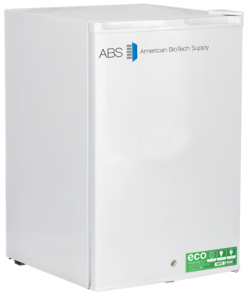 A small, white, upright freezer with the ABS American BioTech Supply logo on the door and an Eco Friendly green sticker at the bottom. The freezer is closed and stands alone on wheels, with a plain background.
