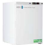 A white upright freezer from American BioTech Supply with digital temperature display reading -30, labeled ABS and ECO FRIENDLY. The freezer has a single door and is used for medical or laboratory purposes.