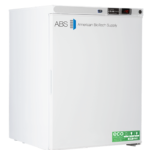 A white, upright medical refrigerator by American BioTech Supply ABS features a digital temperature display showing -40°C. The door has an “ECO Friendly” green label and the company logo. The unit has a smooth front and is set against a plain background.