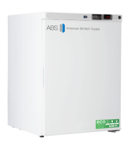 A white, upright medical refrigerator by American BioTech Supply ABS features a digital temperature display showing -40°C. The door has an “ECO Friendly” green label and the company logo. The unit has a smooth front and is set against a plain background.