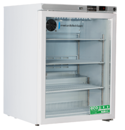 ABT-HC-UCFS-0504G undercounter glass door freezer by American Biotech Supply, compact and energy-efficient for secure medical and laboratory storage.