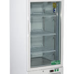 A tall, white laboratory refrigerator with a glass door, metal handle, and four wire shelves. It has a stainless steel top labeled “ABS American Biotech Supply” and sits on four wheels. The bottom panel has control buttons and vents.