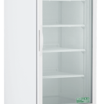A tall, white, upright laboratory refrigerator with a glass door, metal handle, and four wire shelves. It stands on wheels and has ventilation grilles at the bottom. The logo ABS American BioTech Supply is on the top front panel.