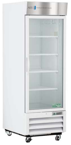 A tall, white, upright laboratory refrigerator with a glass door, metal handle, and four wire shelves. It stands on wheels and has ventilation grilles at the bottom. The logo ABS American BioTech Supply is on the top front panel.