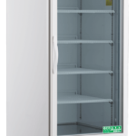 A tall, white, single-door medical refrigerator features a transparent glass door, metal handle, four adjustable interior shelves, control panel at the bottom, ventilation grills, and caster wheels for mobility. The American Biotech Supply logo is visible.
