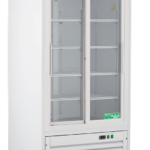 A large, upright commercial glass-door refrigerator on caster wheels. It has two sliding glass doors, several adjustable interior shelves, a stainless steel top panel, and a control panel with buttons and indicator lights near the bottom front.