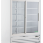 A large, white lab refrigerator with two sliding glass doors, empty interior shelves, a stainless steel top labeled “American BioTech Supply,” microprocessor-controlled features, ventilation grilles at the bottom, and four caster wheels.