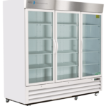 A large, white laboratory refrigerator with three clear glass doors, metal handles, and several adjustable shelves inside. The fridge is on small wheels, has a vented base, and features branding on the top stainless steel panel.