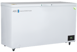 A large, white chest freezer with the logo “ABS American BioTech Supply” on the front. It has a flat lid, a small digital control panel at the bottom right, wheels for mobility, and a round green sticker on the top right corner.