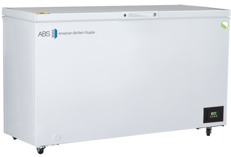 A large, white chest freezer with the logo “ABS American BioTech Supply” on the front. It has a flat lid, a small digital control panel at the bottom right, wheels for mobility, and a round green sticker on the top right corner.