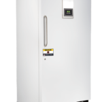 A large, upright, white laboratory freezer with a digital control panel on the upper front, a long vertical handle, a Caution sign, and vents at the bottom. The freezer stands on four wheels for mobility and is photographed against a plain background.