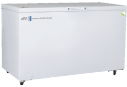 A large white General Purpose Manual Defrost Chest Freezer with a flat lid, four black caster wheels, and the ABS American BioTech Supply logo on the front. A small circular sticker sits in the top right corner; the smooth surface is clean.