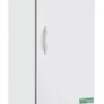 A tall, white laboratory refrigerator with a single door, silver top, and handle. It is on wheels, has a vented base with a digital control panel, and features ABS and American BioTech Supply logos on the front.