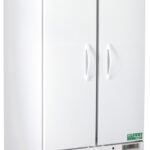 A large, upright white commercial refrigerator with two doors, silver handles, vents at the bottom, an ABS American BioTech Supply logo on top, and caster wheels for mobility. The fridge appears clean and industrial, suitable for laboratories or kitchens.