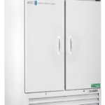 Exterior view of the American BioTech Supply SLS-49 laboratory refrigerator, showcasing its stainless steel finish, solid door design, and compact upright configuration for scientific and medical storage.