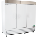 A large, white, solid door lab refrigerator with three doors, a stainless steel top panel, and bottom vents. The unit is on wheels, has vertical handles on each door, and displays the American Biotech Supply logo on the upper left.