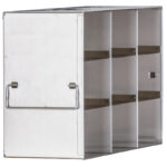 A metal storage box with a handle on the side and six open rectangular compartments. The structure is silver, has a smooth finish, and is viewed at an angle, showing the side and the front openings.