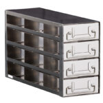 A stainless steel cabinet with four pull-out drawers, each featuring a rectangular handle and label holder. The cabinet is industrial in style, with a shiny metallic finish and open spaces on the side showing the drawer slots.