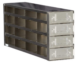 A metal organizer with four rows and four columns, featuring four pull-out drawers on the right side. Each drawer has a handle with a slot for labels. The organizer appears sturdy and is suitable for storing small tools, parts, or hardware.