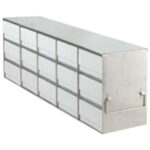 A rectangular, metallic, industrial drawer unit with four rows and five columns, totaling twenty compartments. Each drawer has a simple handle, and the overall structure is made of shiny metal, giving it a clean, utilitarian appearance.