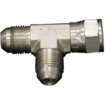 A metal T-shaped pipe fitting with three threaded ends, used for connecting tubes or hoses. The fitting has a shiny, metallic finish and is photographed against a plain white background.