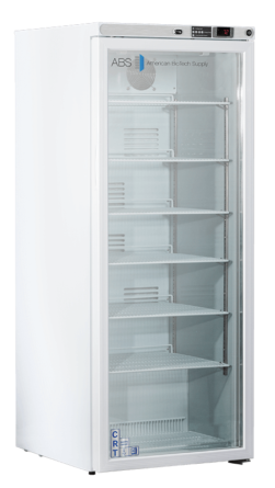 CRT-ABT-HC-10PG Controlled room temperature cabinet, glass door, closed, pharmaceutical refrigerator by American Biotech Supply, designed for safe and visible storage of temperature-sensitive medications.