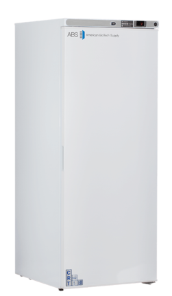 A tall, upright white laboratory freezer with a solid door. The top panel displays a digital screen showing the temperature. The door features the ABS logo and small labels near the bottom. The handle is on the left, and the freezer stands on small feet.