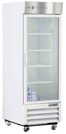 A tall, white laboratory refrigerator with a glass door. The unit has a digital temperature display at the bottom, shelves inside, and a label reading “CRT” and “2–8°C.” It is on caster wheels and features the brand “American Biotech Supply” on top.